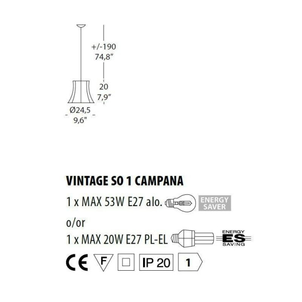 Подвесной светильник Evi Style Vintage SO1 Campana GL ES0242SO04GL